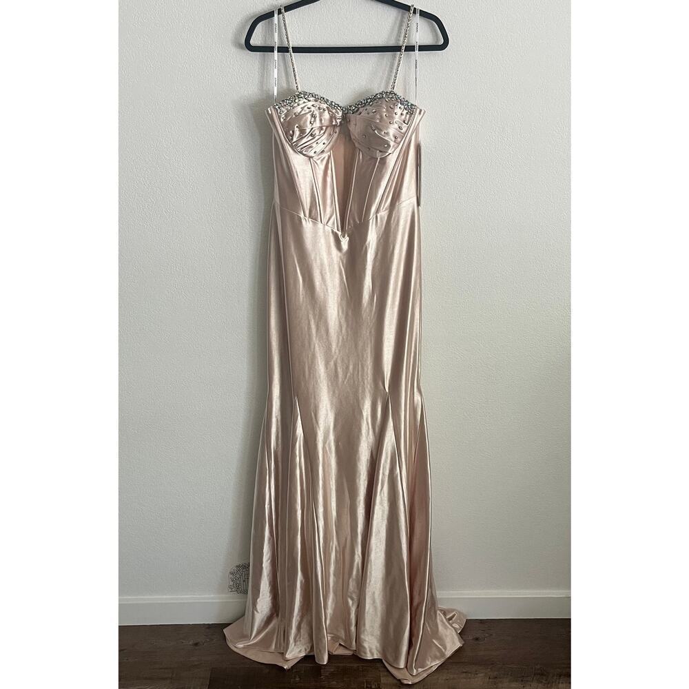 Jovani Champagne Satin Jewel Embellished Corset Gown NWT